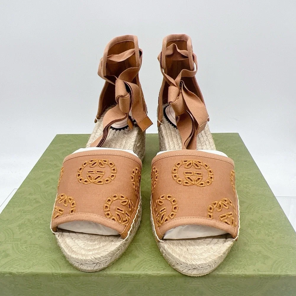 Gucci GG Damita Espadrille Wedge Sandal Eyelet Canvas Cognac Brown EU 38 US 8